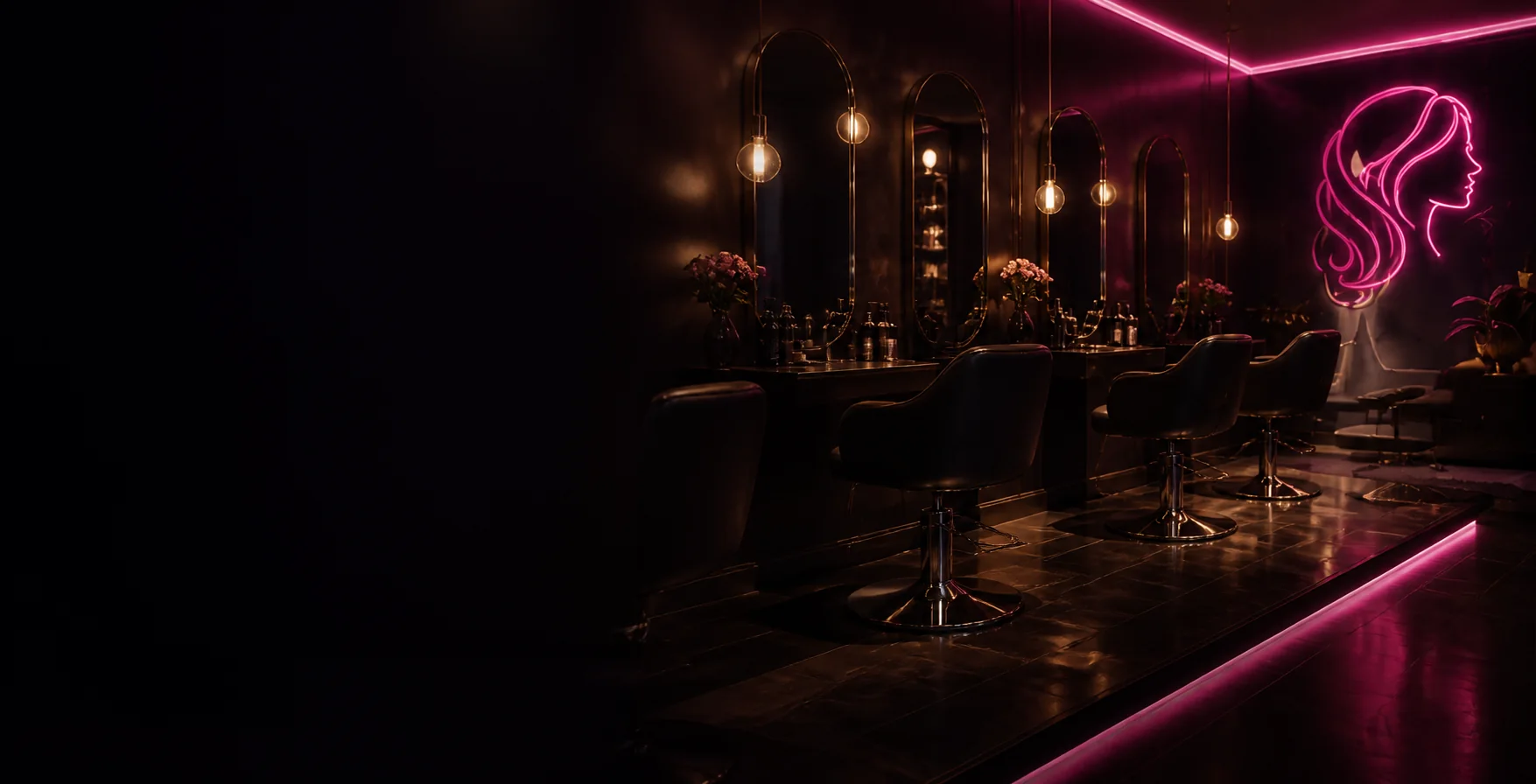 Tina Kuaför Balçova salonu — neon ışıklı, aynalı iç mekan